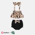 3pcs Baby Girl Leopard Print Naia™ Tank Top and Bow Front Shorts & Headband Set Black image 1