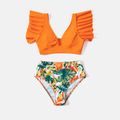 Family Matching Tropical Plant Print Ruffle-sleeve Top & Shorts Swimsuit Orange color image 3