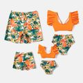 Family Matching Tropical Plant Print Ruffle-sleeve Top & Shorts Swimsuit Orange color image 2