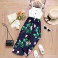 Kid Girl Floral Print Splice Button Design Belted Slip Jumpsuits Color block image 1