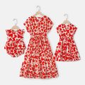 Valentine's Day Mommy and Me Allover Red Heart Print Notch Neck Short-sleeve Belted Dresses Red image 1