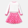Barbie 2pcs Kid Girl Plaid Colorblock Long-sleeve Tee and Bowknot Design Skirt Set Pink image 2