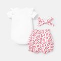 3pcs Baby Girl 100% Cotton Letter Graphic Ruffle Short-sleeve Romper and Leopard Print Shorts & Headband Set PinkyWhite image 2