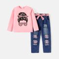 3pcs Kid Girl Figure Print Long-sleeve Tee and Belted Ripped Denim Jeans Set Pink image 1