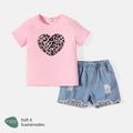 2pcs Kid Girl Naia Heart Print Short-sleeve Tee and Leopard Print Splice Denim Shorts Set Pink image 1