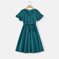 Mommy and Me 100% Cotton Button Front Solid V Neck Ruffle-sleeve Belted Dresses Peacockblue image 2
