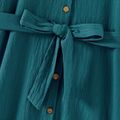 Mommy and Me 100% Cotton Button Front Solid V Neck Ruffle-sleeve Belted Dresses Peacockblue image 4