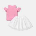 2pcs Toddler Girl Cold Shoulder Letter Print Tee and Swiss Dot Mesh Skirt Set PinkyWhite image 2