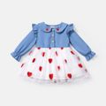 Baby Girl Heart Embroidered Peter Pan Collar Long-sleeve Spliced Mesh Dress Blue image 1