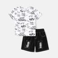 2pcs Kid Boy Cotton Letter Allover Print Short-sleeve Tee and Ripped Denim Shorts Set White image 1
