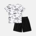 2pcs Kid Boy Cotton Letter Allover Print Short-sleeve Tee and Ripped Denim Shorts Set White image 2
