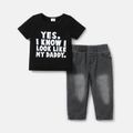 2pcs Baby Boy Cotton Short-sleeve Letter Print Tee and Straight Fit Jeans Set Black image 1