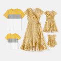 Family Matching Allover  Floral Print Surplice Neck Short-sleeve  Ruffled Dresses and Colorblock Tee Sets Yellow image 1