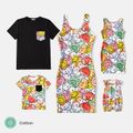 Family Matching Cotton Short-sleeve T-shirts and Allover Colorful Print Bodycon Tank Dresses Sets Colorful image 1