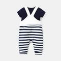 2pcs Baby Boy 100% Cotton Short-sleeve Tee and Striped Crab Embroidered Overalls Set blue+white image 3