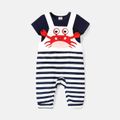 2pcs Baby Boy 100% Cotton Short-sleeve Tee and Striped Crab Embroidered Overalls Set blue+white image 2
