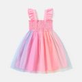 Toddler Girl Cotton Smocked Mesh Splice Sleeveless Dress Pink image 2