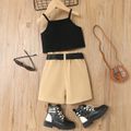 3pcs Toddler Girl Trendy Camisole and Pocket Design Shorts & Belt Set Black image 2