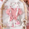 3pcs Baby Girl Solid Cotton Ribbed Ruffle Short-sleeve Romper and Floral Print Suspender Shorts & Headband Set Pink image 1
