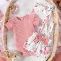 3pcs Baby Girl Solid Cotton Ribbed Ruffle Short-sleeve Romper and Floral Print Suspender Shorts & Headband Set Pink image 3