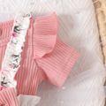 3pcs Baby Girl Solid Cotton Ribbed Ruffle Short-sleeve Romper and Floral Print Suspender Shorts & Headband Set Pink image 5