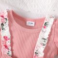 3pcs Baby Girl Solid Cotton Ribbed Ruffle Short-sleeve Romper and Floral Print Suspender Shorts & Headband Set Pink image 4