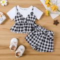 3pcs Baby Girl Cotton Short-sleeve Faux-two Plaid Top and Plaid Shorts & Belt Set BlackandWhite image 1