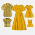 Family Matching 100% Cotton Yellow Plaid Shirts and Solid Surplice Neck Ruffle-sleeve Self Tie Dresses Sets Yellow image 1
