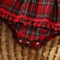 2pcs Baby Girl Red Plaid Flutter-sleeve Bow Front Pom Poms Romper with Headband Set Red image 5