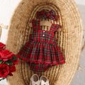 2pcs Baby Girl Red Plaid Flutter-sleeve Bow Front Pom Poms Romper with Headband Set Red image 2