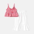 2pcs Baby Girl Bow Front Cut Out Gingham Cami Top and Solid Flared Pants Set REDWHITE image 2