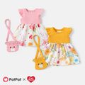 Care Bears 2pcs Baby Girl Solid & Print Spliced Flutter-sleeve Dress with Crossbody Bag Set Yellow image 2