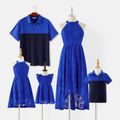 Family Matching Guipure Lace Halter Neck Dresses and Color Block Short-sleeve T-shirts Sets Blue image 1