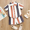 2pcs Toddler Boy Boho Stripe Lapel Collar Shirt and Shorts Set White image 2