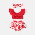 3pcs Baby Girl Solid Ruffled Crop Tank Top and Floral Print Layered Shorts & Headband Set Red image 1