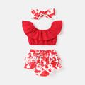 3pcs Baby Girl Solid Ruffled Crop Tank Top and Floral Print Layered Shorts & Headband Set Red image 2
