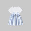 Family Matching Cotton Short-sleeve Spliced Tee and Striped Surplice Neck Short-sleeve Belted Dresses Sets BLUE WHITE image 2