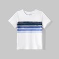 Family Matching Cotton Short-sleeve Spliced Tee and Striped Surplice Neck Short-sleeve Belted Dresses Sets BLUE WHITE image 5