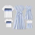 Family Matching Cotton Short-sleeve Spliced Tee and Striped Surplice Neck Short-sleeve Belted Dresses Sets BLUE WHITE image 1