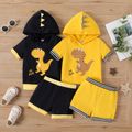 2pcs Toddler Boy Dinosaur Print Striped Hooded Short-sleeve Cotton Tee and Shorts Set Yellow image 2