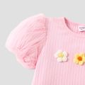 Kid Girl Cotton Ribbed Appliques Detail Mesh Puff-sleeve Tee Pink image 3