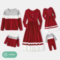 Family Matching Burgundy Ribbed Crisscross Pleated Midi Dresses and Long-sleeve Colorblock Tops Sets Burgundy image 1