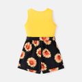 Kid Girl Floral Print Splice Button Design Sleeveless Rompers Yellow image 2