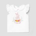 Easter Baby Girl Cotton Flutter-sleeve Mesh Peter Pan Collar Rabbit & Letter Print Tee OffWhite image 1
