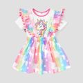 2pcs Toddler Girl Unicorn Print Cotton Short-sleeve Tee and Pompom Design Suspender Skirt Set Colorful image 1