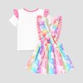 2pcs Toddler Girl Unicorn Print Cotton Short-sleeve Tee and Pompom Design Suspender Skirt Set Colorful image 3