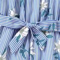 Toddler Girl Floral Print Stripe Off Shoulder Belted Rompers Light Blue image 4