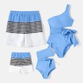 Family Matching Solid One Shoulder Cut Out Self-tie One-piece Swimsuit and Striped Colorblock Swim Trunks Blue image 1