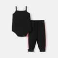 2pcs Baby Girl Cotton Letter Print Cami Romper and Colorblock Sweatpants Set Black image 2
