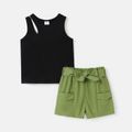 2Pcs Toddler Girl Cotton Tank Top & Belted Shorts Set Black image 1